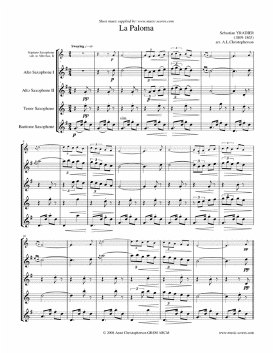 La Paloma - Soprano and Alto Sax (or 2 Altos), Tenor Tax and Baritone Sax Woodwind Quartet scores gallery preview page 1