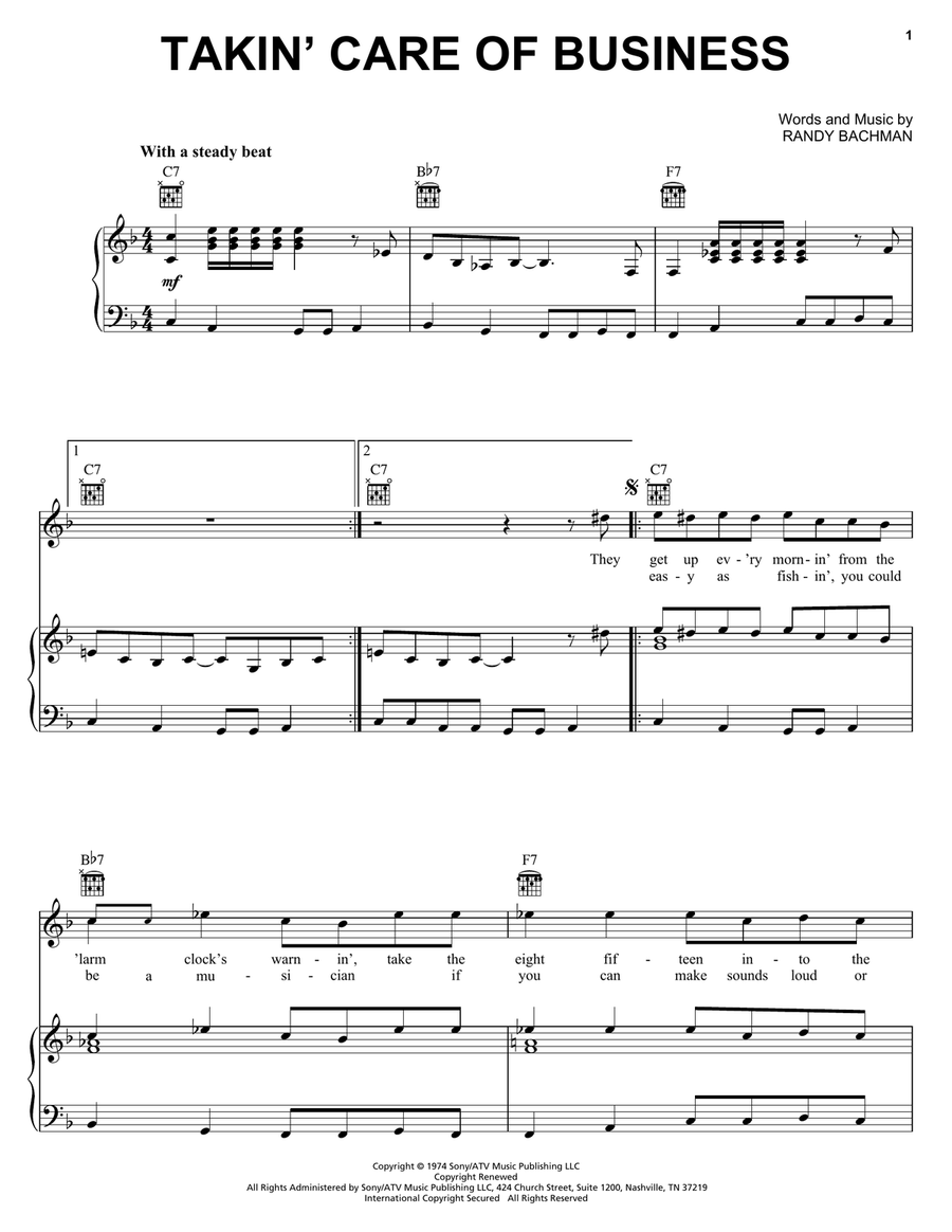 Takin' Care Of Business Takin' Care Of Business Piano, Vocal, Guitar scores gallery preview page 1
