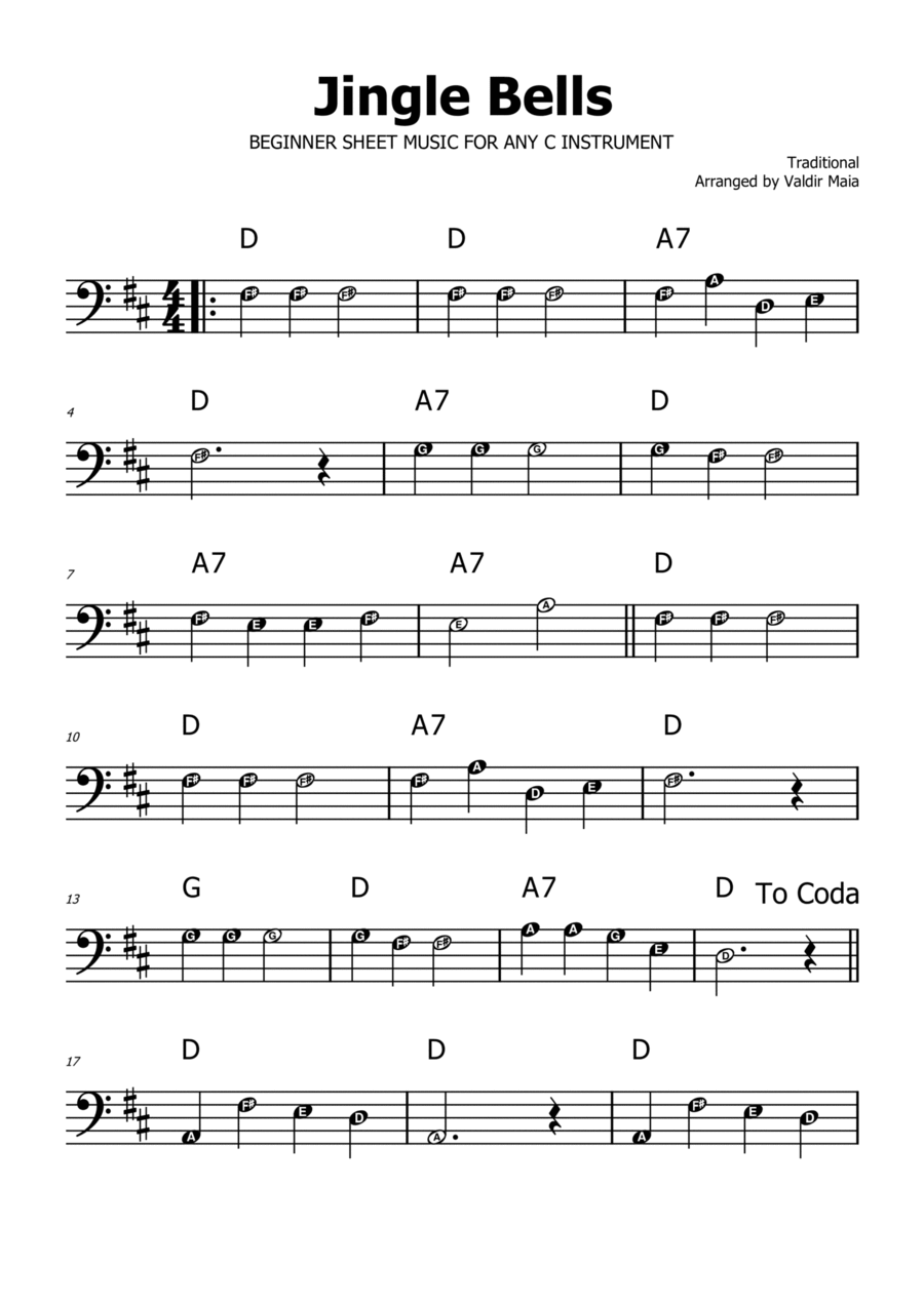 Jingle Bells - D Major (with note names) C Instrument scores gallery preview page 1