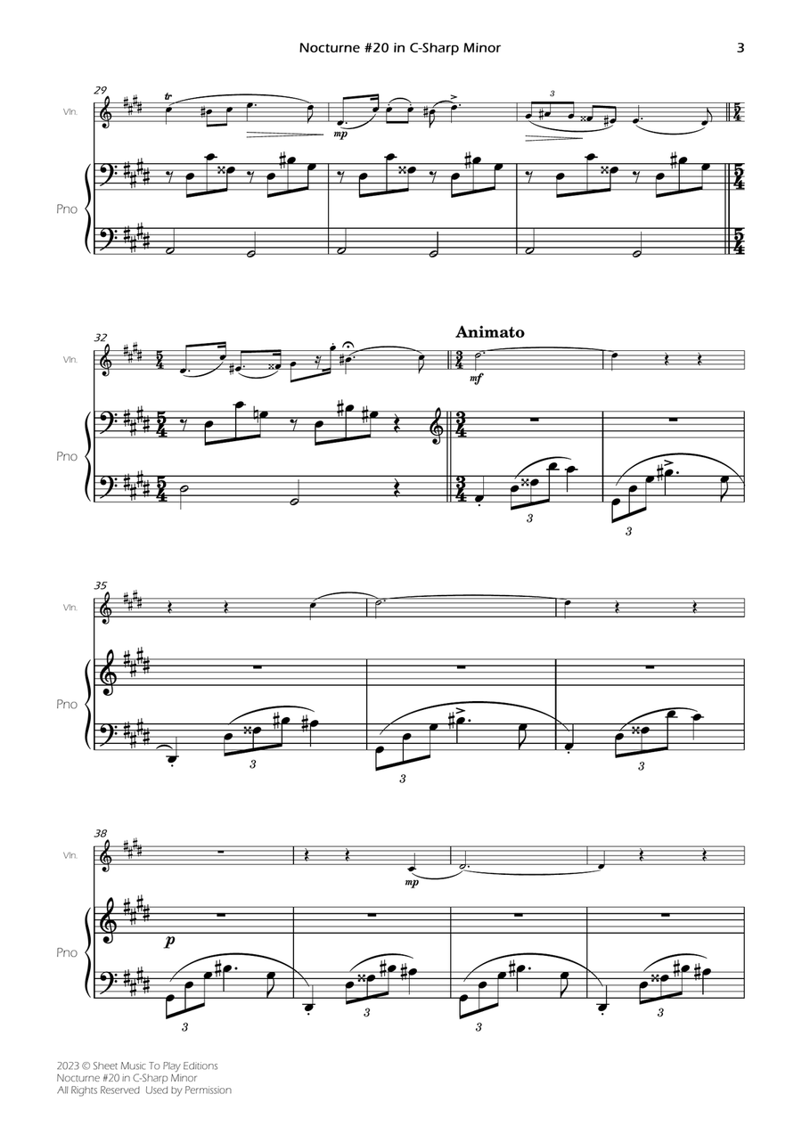 Nocturne No.20 in C-Sharp minor - Violin and Piano (Full Score and Parts) Violin Solo scores gallery preview page 5