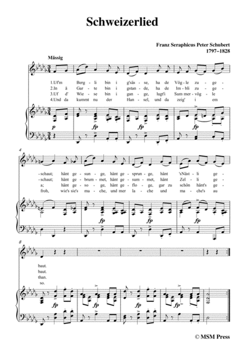 Schubert-Schweizerlied,in D flat Major,for Voice&Piano image number null