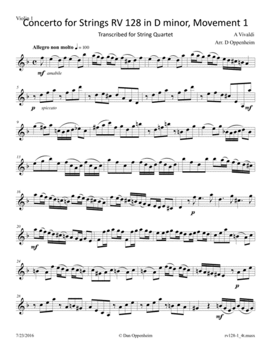 Vivaldi: Concerto for Strings in D minor RV 128 movement 1, arranged for String Quartet image number null