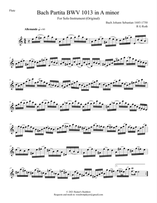 Bach 1723 BWV 1013 Partita in 4 Movements for Flute or Oboe or Clarinet or Saxophone or Bassoon Solo