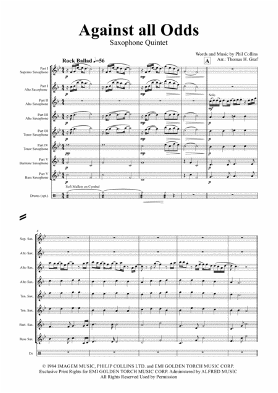 Against All Odds (take A Look At Me Now) Saxophone Quintet scores gallery preview page 1