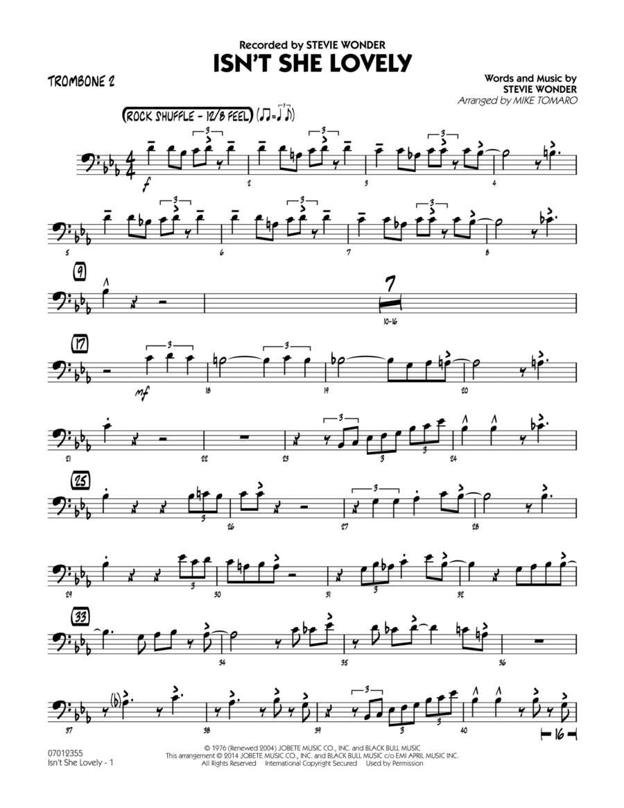 Isn't She Lovely - Trombone 2 Jazz Ensemble scores gallery preview page 1
