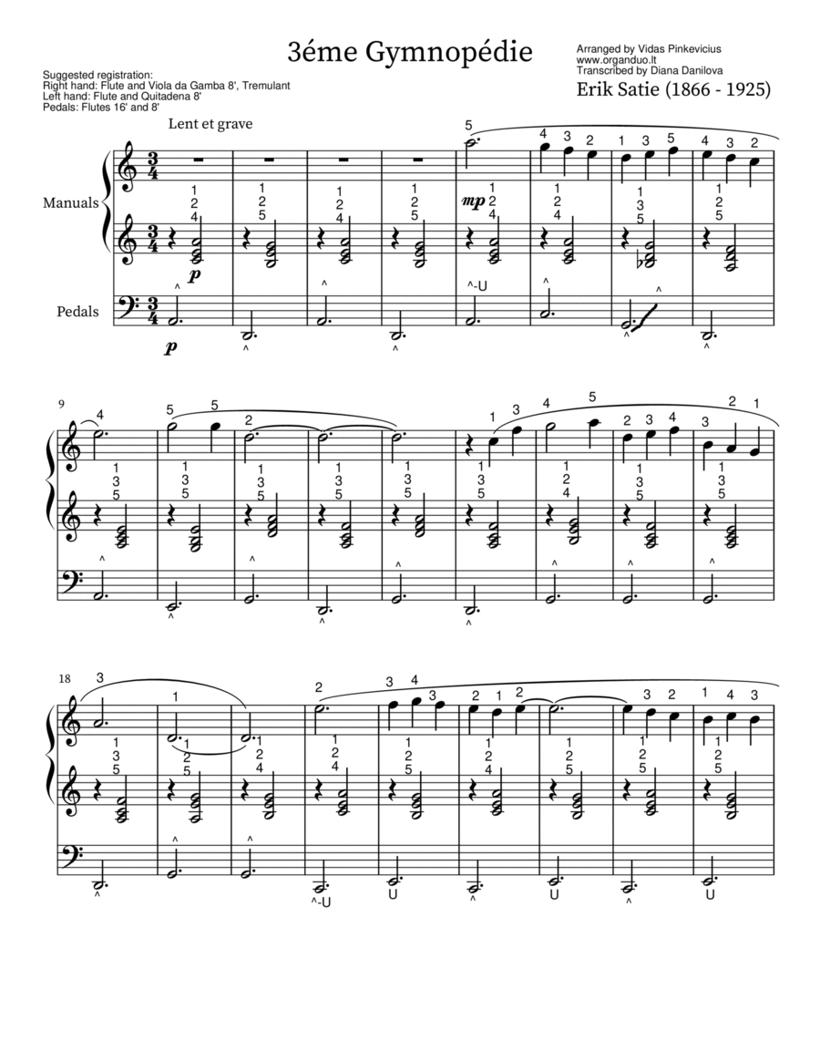 Book cover for 3ème Gymnopèdie (arr. for Organ Solo) by Erik Satie with Fingering and Pedaling