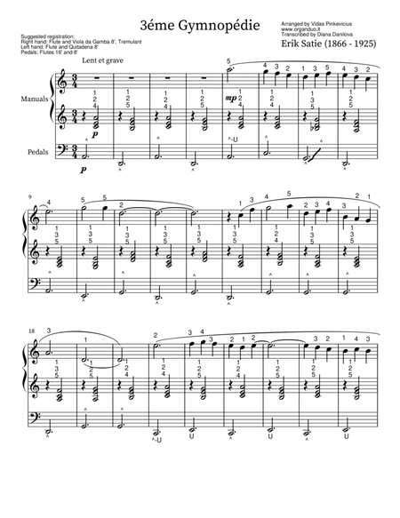3ème Gymnopèdie (arr. for Organ Solo) by Erik Satie with Fingering and Pedaling