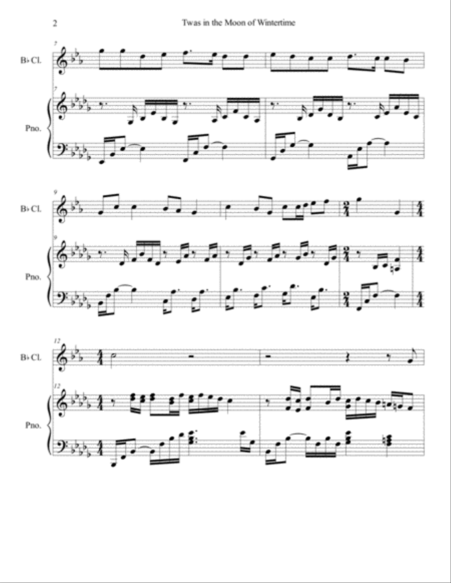 Twas in the Moon of Wintertime/The Huron Carol (Bb clarinet/piano), arr. Brenda Portman B-Flat Clarinet scores gallery preview page 2