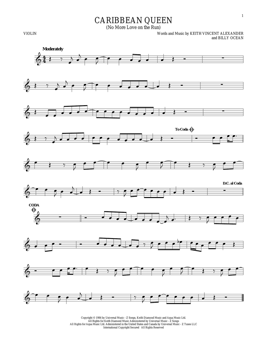 Caribbean Queen (No More Love On The Run) Violin Solo scores gallery preview page 1