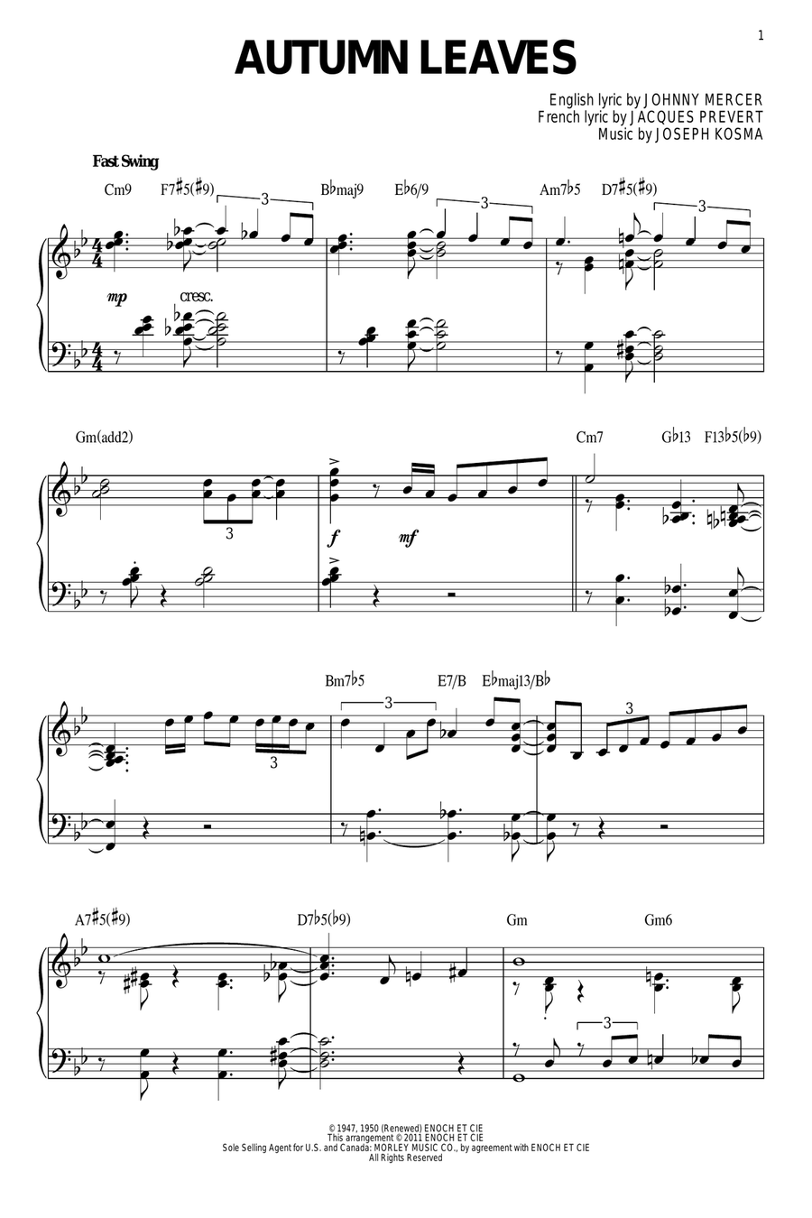 Autumn Leaves [Jazz version] (arr. Brent Edstrom) Piano Solo scores gallery preview page 1