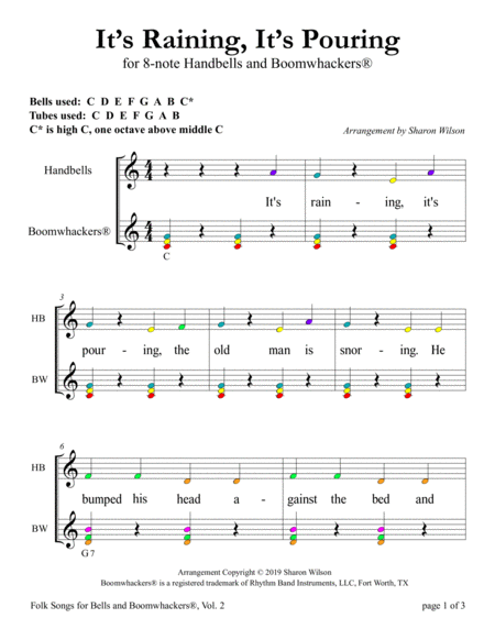 “It's Raining, It's Pouring” for 8-note Bells and Boomwhackers® (with Color Coded Notes) image number null