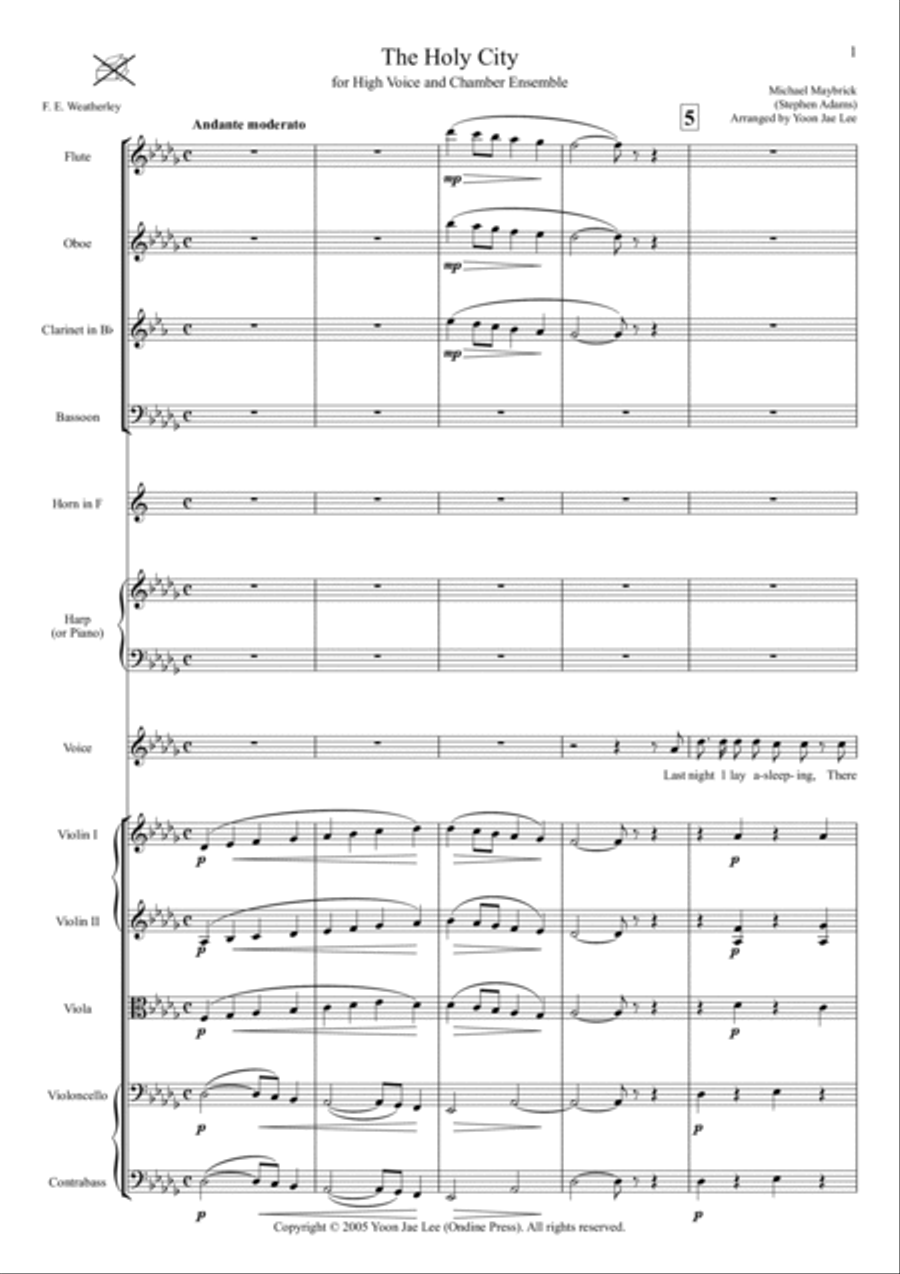 The Holy City for High Voice and Chamber Ensemble in D Flat Major - Score Only