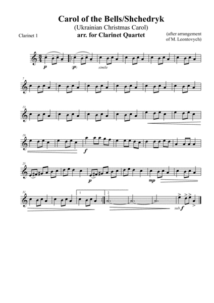 Carol of the Bells/Shchedryk (Ukrainian Christmas Carol), arr. for Clarinet Quartet image number null