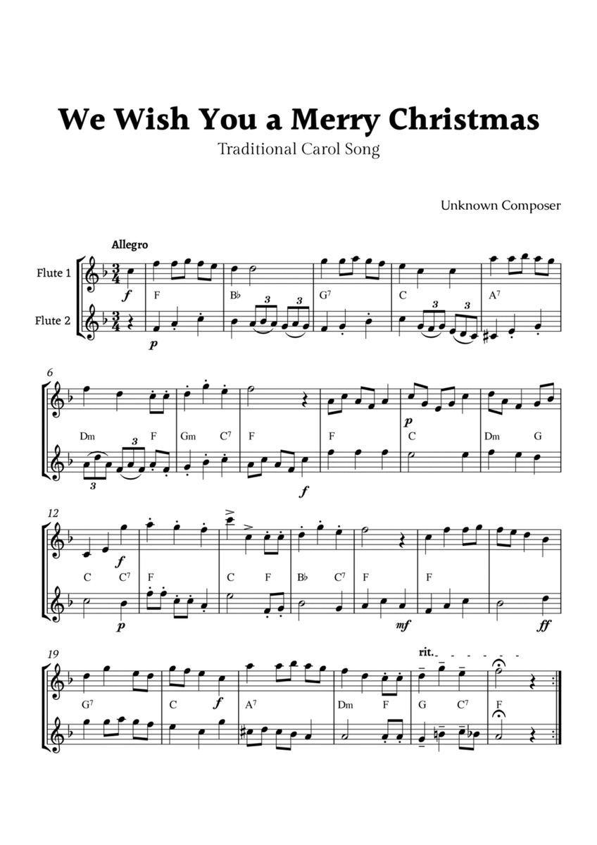 We Wish you a Merry Christmas for Flute Duet with Chords image number null