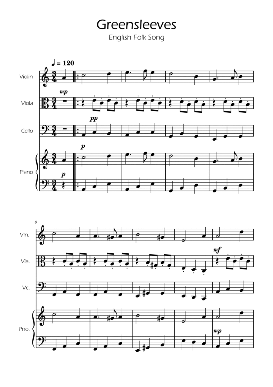 Greensleeves - Strings Trio w/ Piano String Trio scores gallery preview page 1