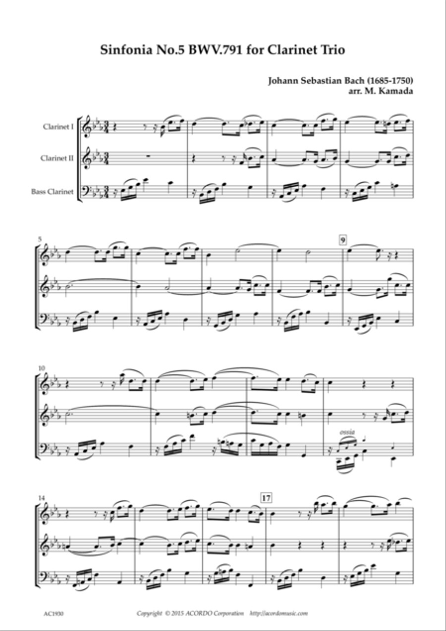 Sinfonia No.5 BWV.791 for Clarinet Trio Clarinet Trio scores gallery preview page 1