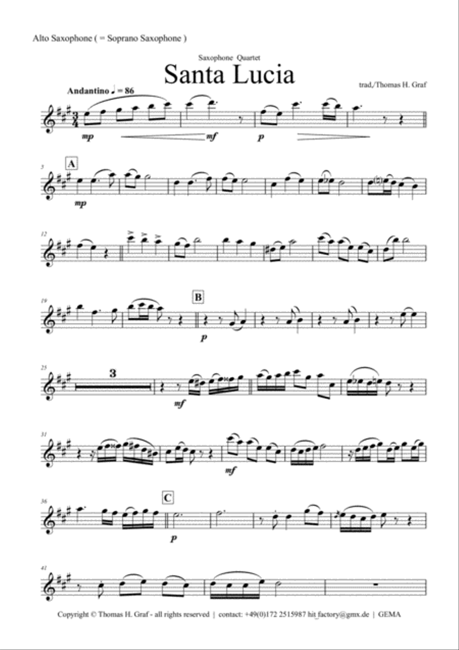 Santa Lucia - Italian Folk Song - Here in the twighlight - Saxophone Quartet Saxophone Quartet scores gallery preview page 4