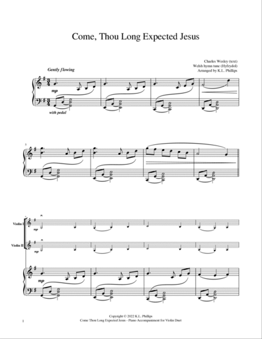 Come, Thou Long Expected Jesus - Violin Duet with Piano Accompaniment String Duet scores gallery preview page 2