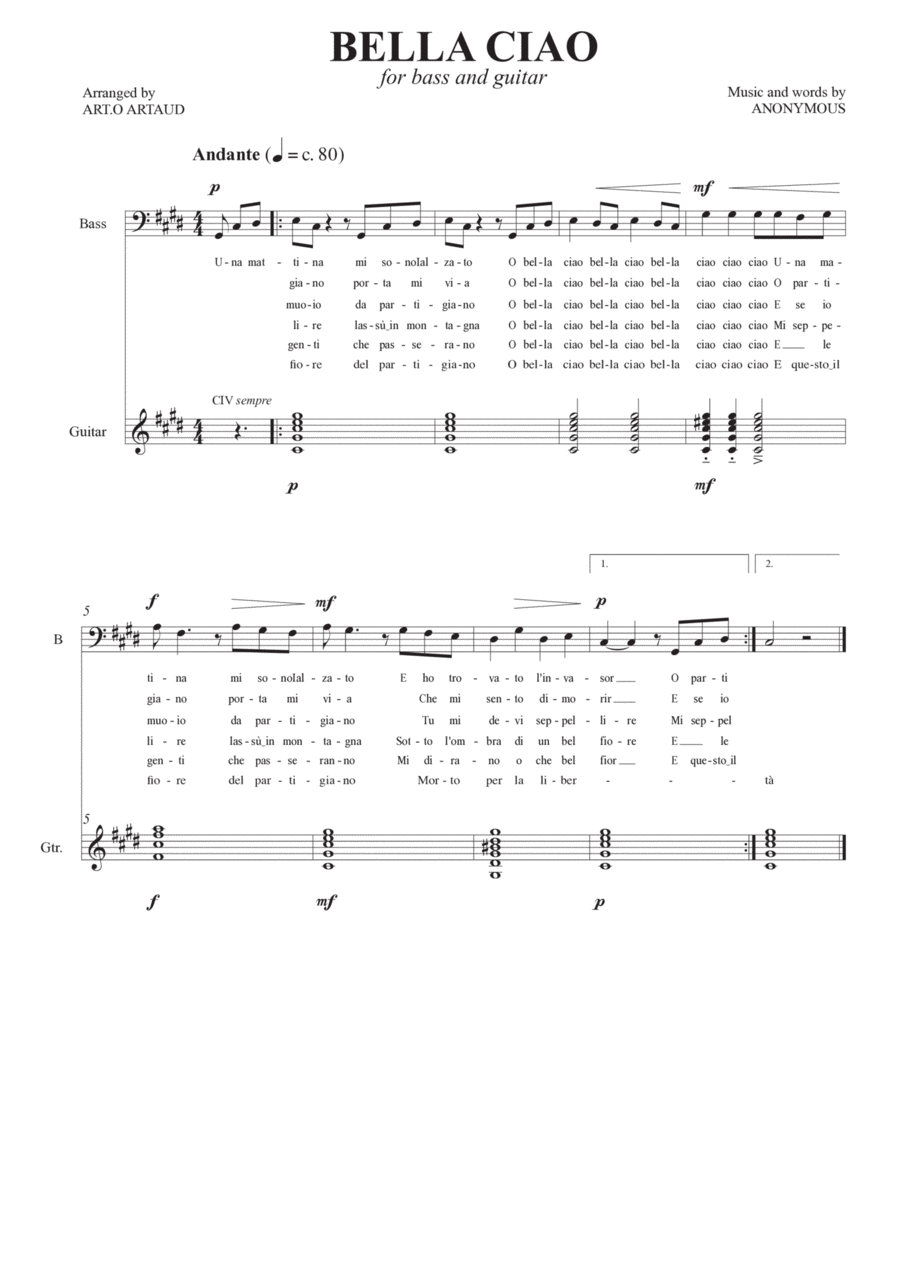 Bella Ciao Bass Voice scores gallery preview page 1