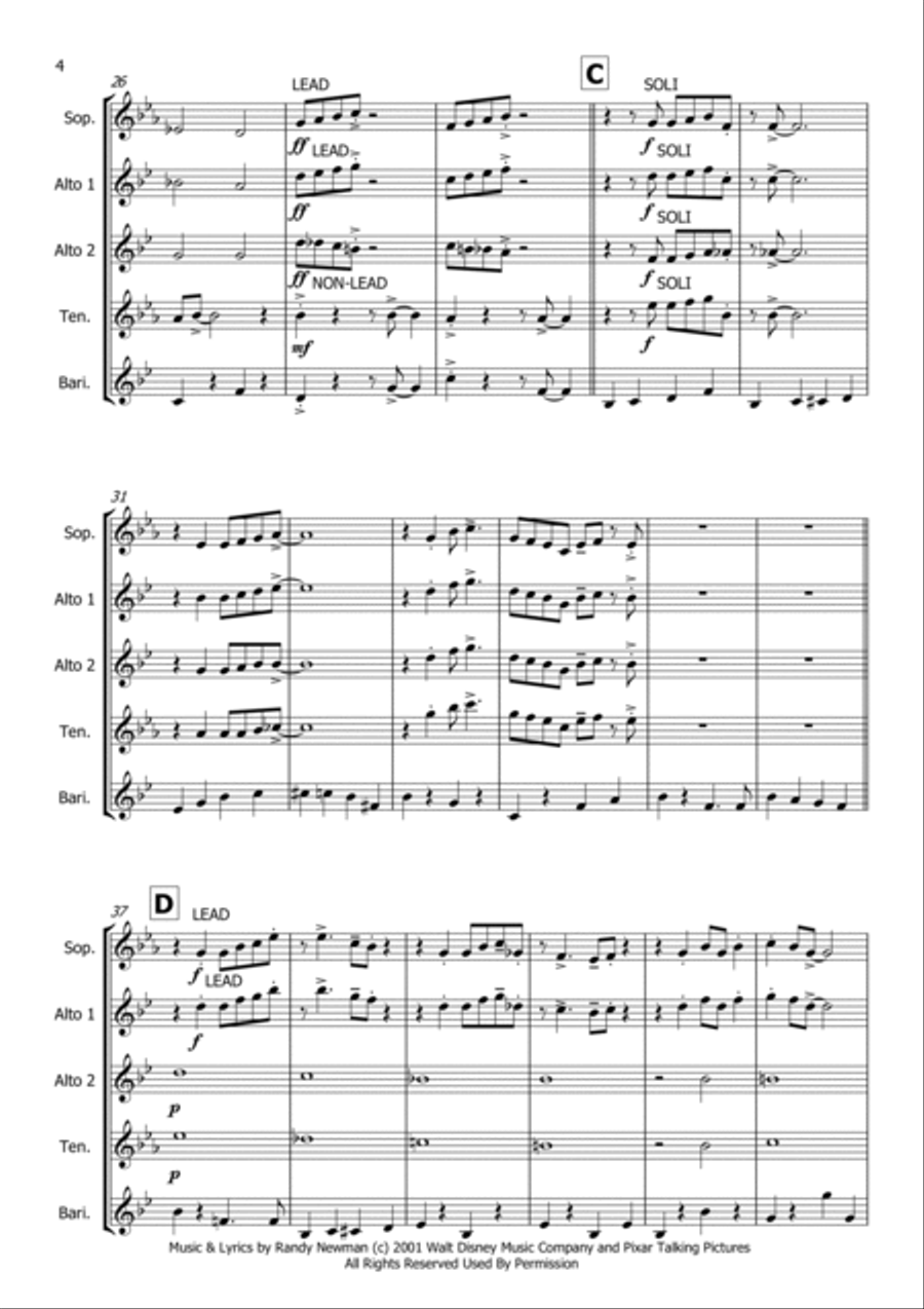 Monsters Inc. Saxophone Quartet scores gallery preview page 4