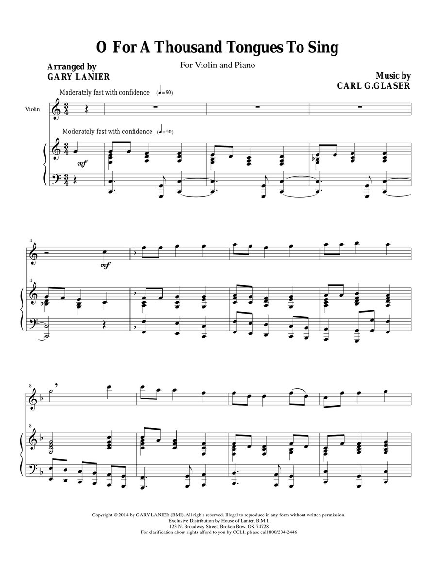 O FOR A THOUSAND TONGUES TO SING (Violin Piano and Vln Part) Violin scores gallery preview page 1