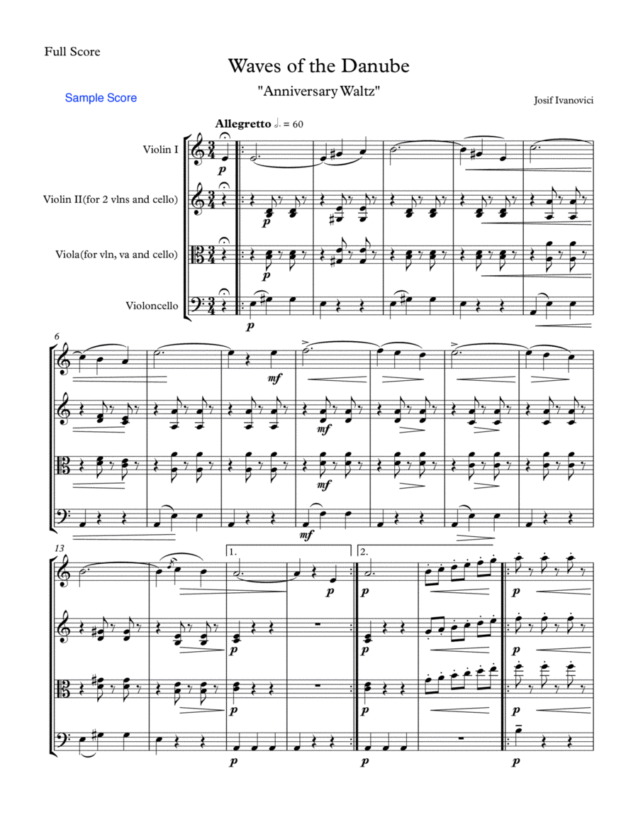 WAVES OF THE DANUBE "Anniversary Waltz" String Trio, Intermediate Level for 2 violins and cello or v image number null