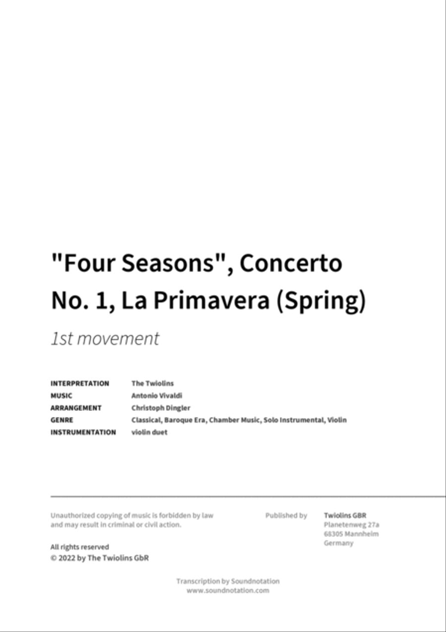 Four Seasons, Concerto No. 1, La Primavera (Spring) String Duet scores gallery preview page 2