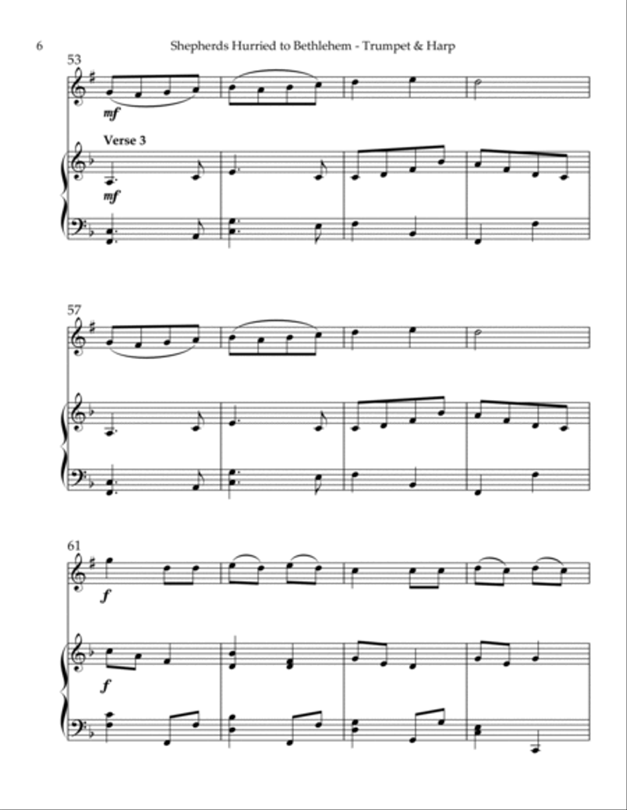 Shepherds Hurried to Bethlehem, Duet for Bb Trumpet & Harp Trumpet Duet scores gallery preview page 6