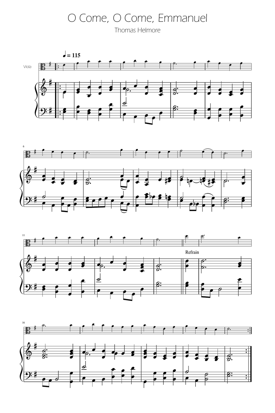 O Come, O Come, Emmanuel - Viola Solo w/ Piano Piano scores gallery preview page 1