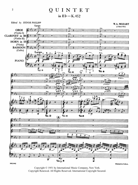 Quintet In E Flat Major, K. 452 For Oboe, Clarinet, Horn In E Flat, Bassoon & Piano