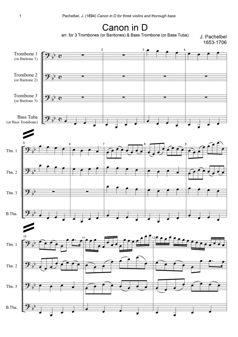 J. Pachelbel - Canon in D-dur, arr. for 3 Trombones (Baritones) & Bass Tuba (or Bass Trombone) Trombone Trio scores gallery preview page 1