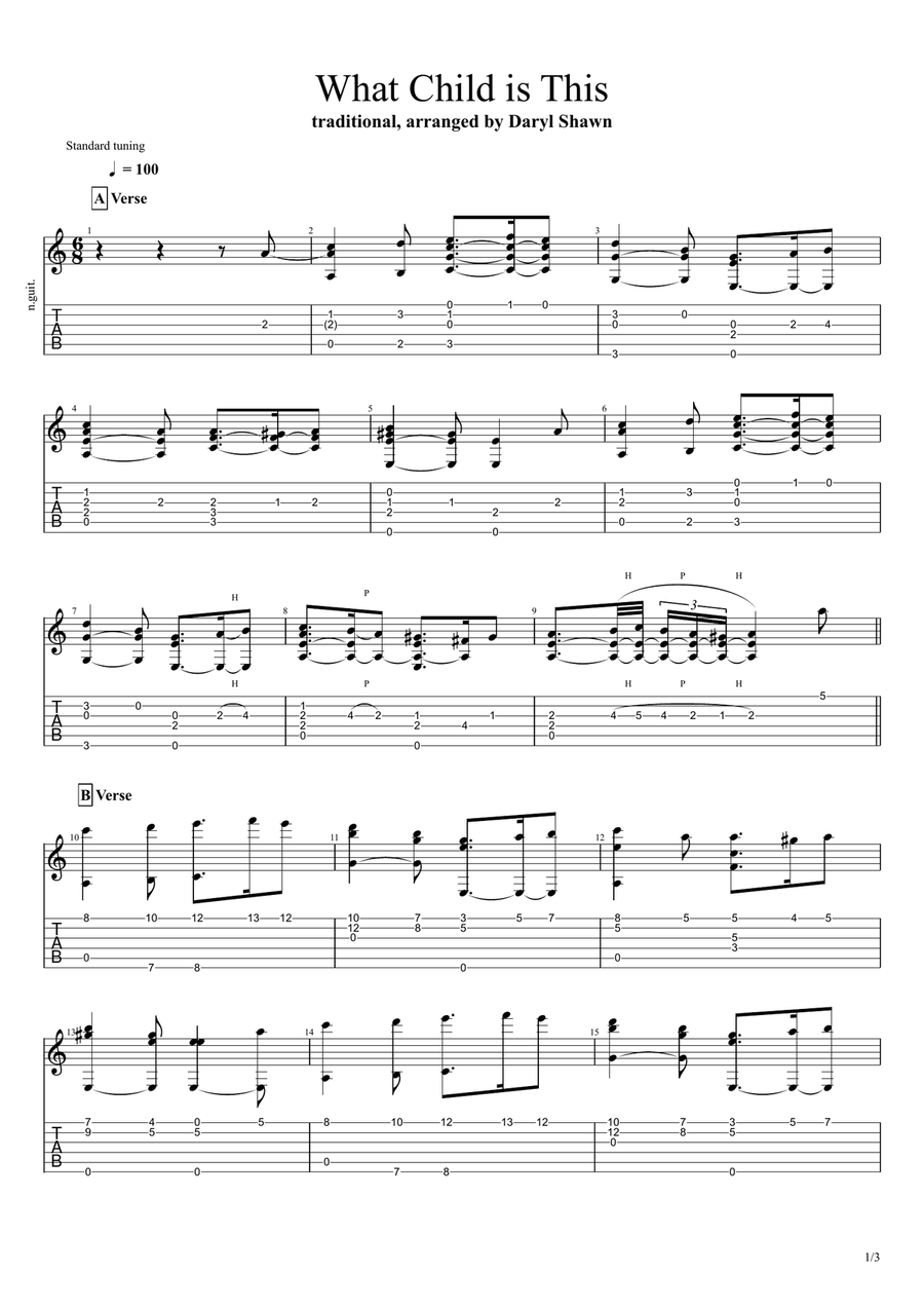 What Child is This (Greensleeves), for solo fingerstyle guitar Acoustic Guitar scores gallery preview page 1