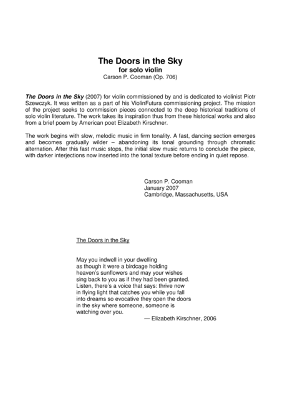 Carson Cooman: The Doors in the Sky (2007) for violin Violin Solo scores gallery preview page 1
