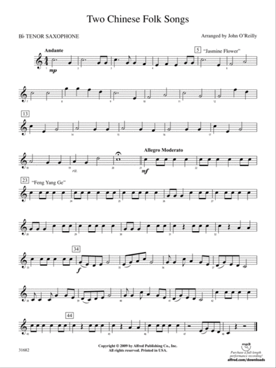 Two Chinese Folk Songs: B-flat Tenor Saxophone Concert Band scores gallery preview page 1
