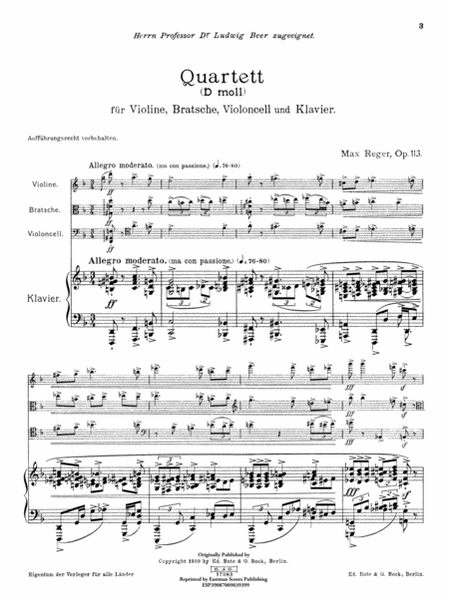 Quartett d-moll fur Violine, Bratsche, Violoncell und Klavier. Op. 113
