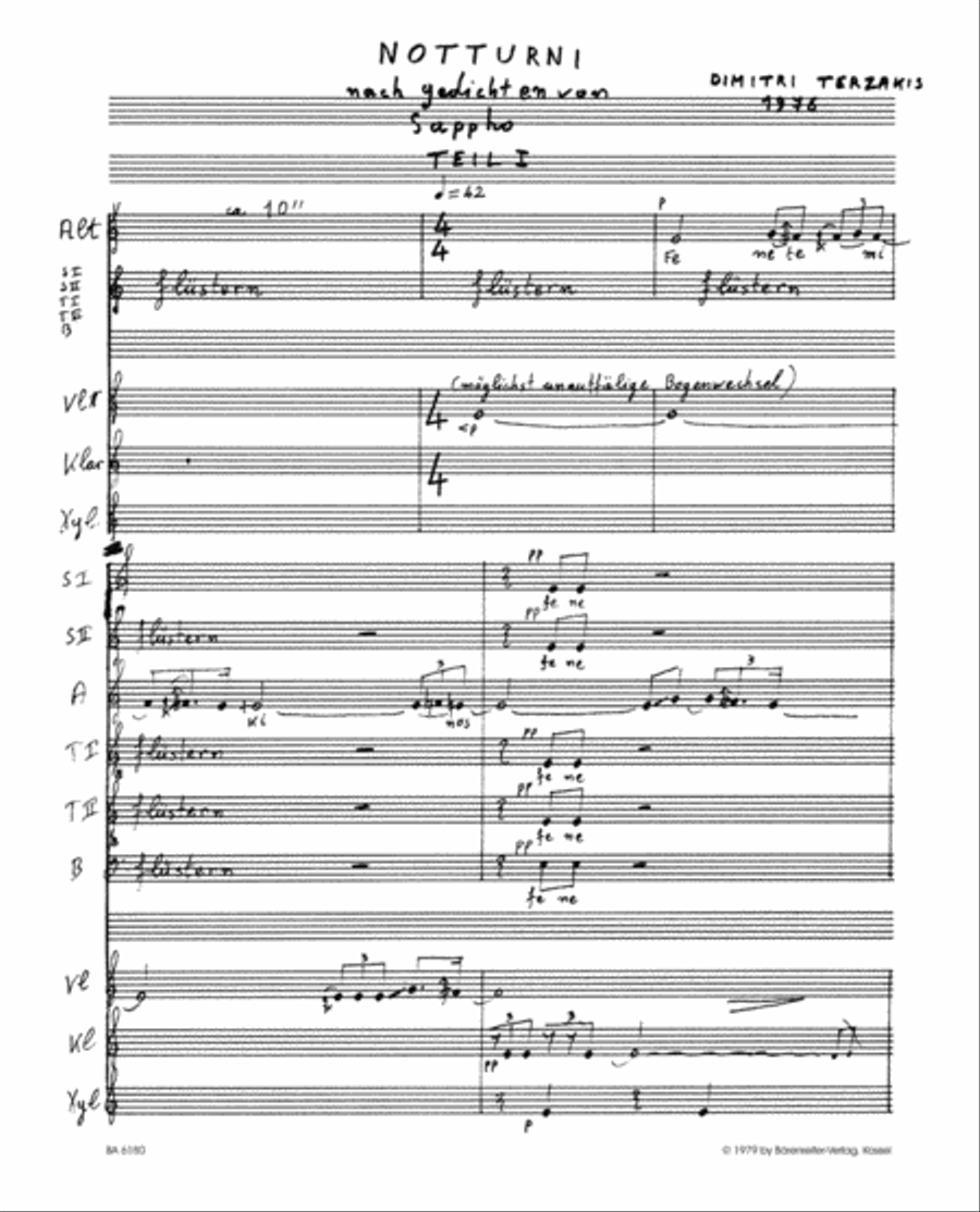 Notturni for Six Voices, Violin, Clarinet and Percussion (1976) Voice scores gallery preview page 2