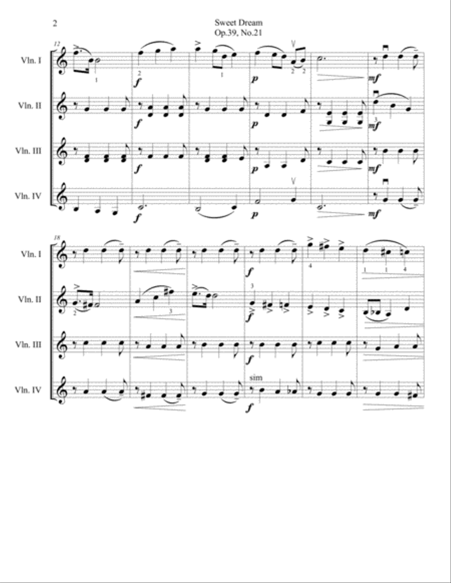 Tchaikovsky: Sweet Dream, Op.39, No.21 - Violin Quartet String Quartet scores gallery preview page 3