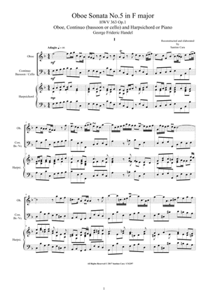 Handel - Oboe Sonata No.5 in F major HWV 363 Op.1 for Oboe, Continuo and Harpsichord or Piano