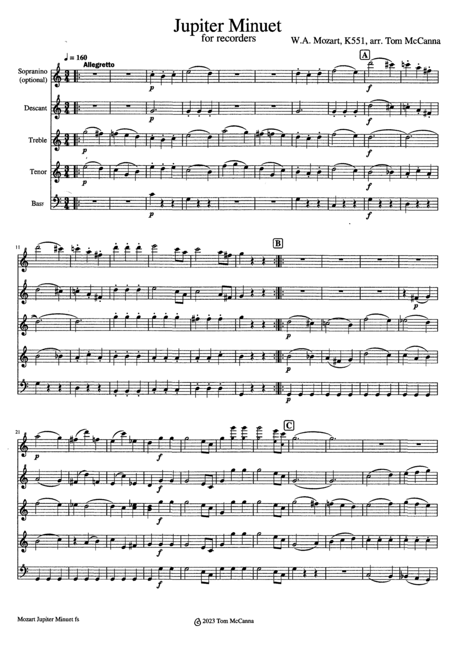 Jupiter Minuet Soprano Recorder scores gallery preview page 1