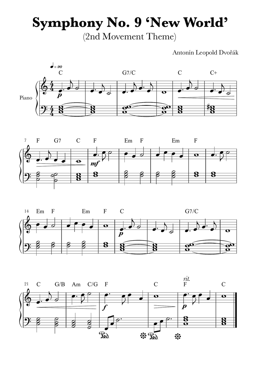 Symphony No. 9 ‘New World’ (2nd Movement) – Dvořák | Piano Arrangement Easy Piano scores gallery preview page 1