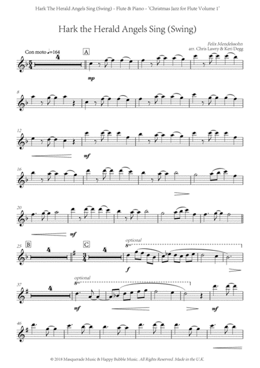 Hark The Herald Angels Sing (Swing); A funky 5/4 arrangement (with flute solo notated) for flute (in image number null