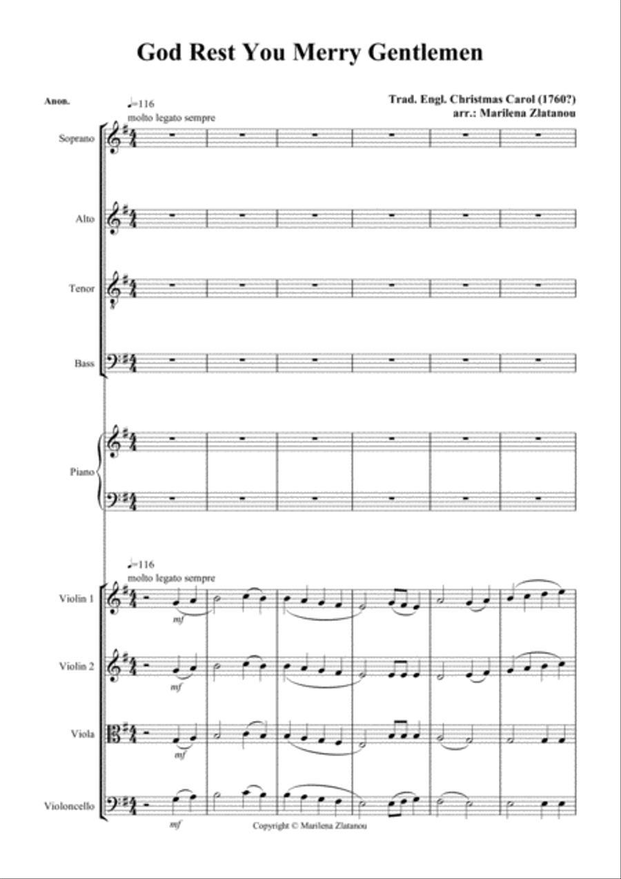 GOD REST YOU MERRY GENTLEMEN, for SATB choir, strings and piano 4-Part scores gallery preview page 1
