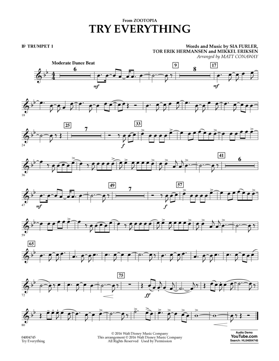 Try Everything (from Zootopia) - Bb Trumpet 1 B-Flat Trumpet scores gallery preview page 1