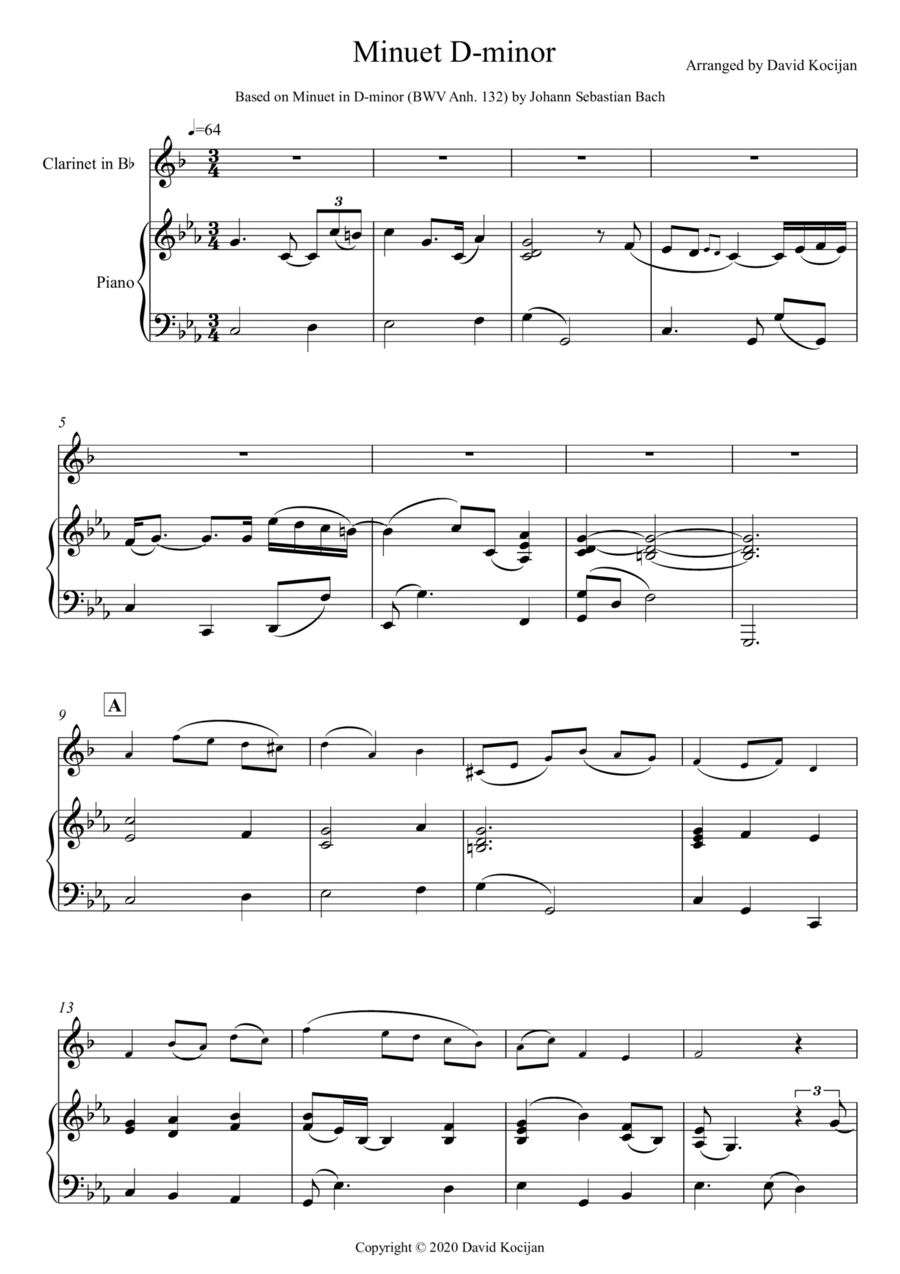 Minuet in D-minor - EASY (clarinet & piano) B-Flat Clarinet scores gallery preview page 1