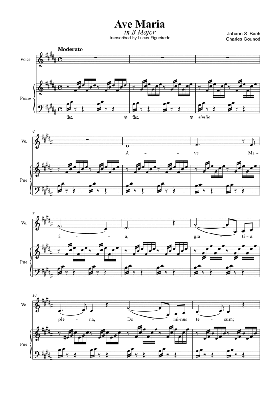 Ave Maria (Bach-Gounod) in B Major for Piano and Voice Voice scores gallery preview page 1