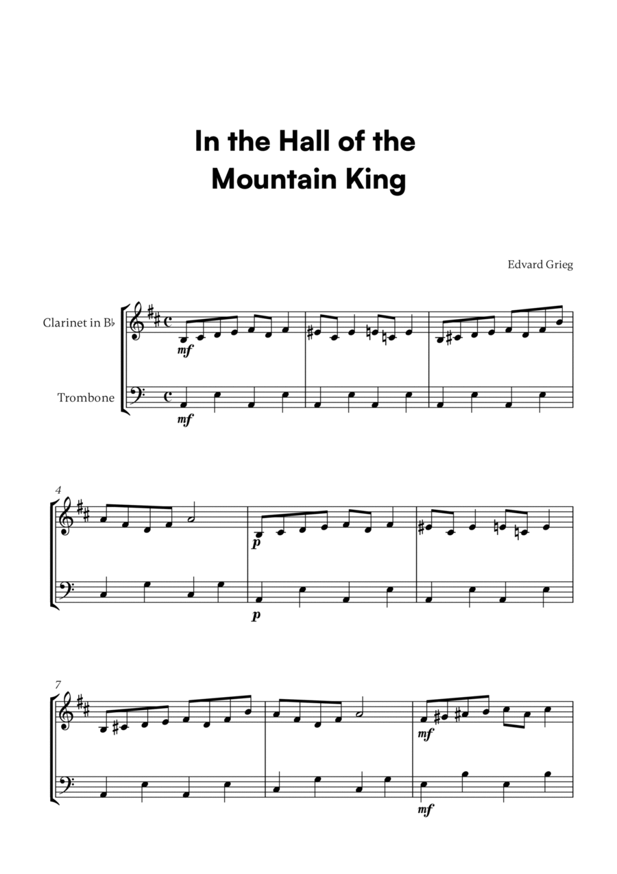 In the Hall of the Mountain King for Clarinet and Trombone