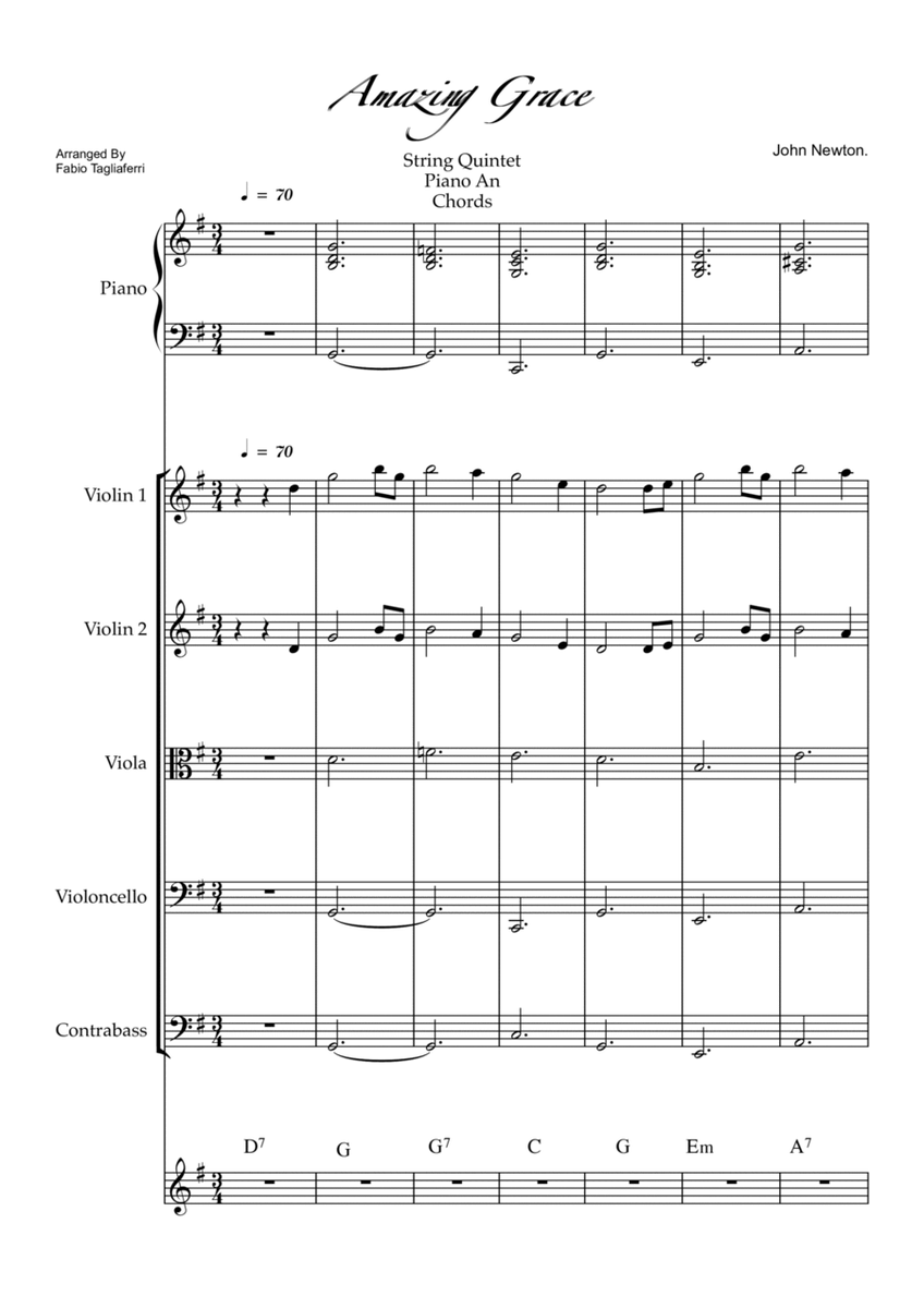Amazing Grace String Quintet piano and chords.Full Score and Individual parts image number null