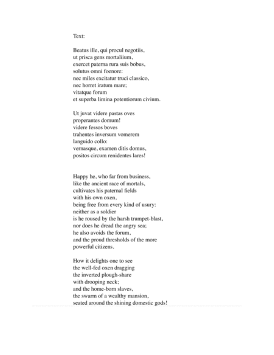 Beatus Ille, Qui Procul Negotiis for a capella SATB singers. lyrics in Latin with English translatio 4-Part scores gallery preview page 2