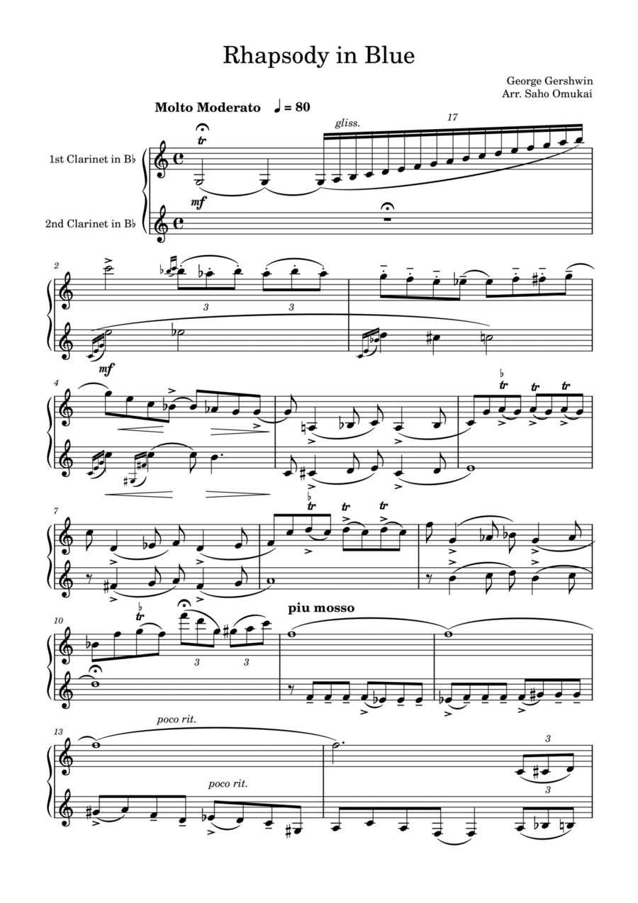G.Gershwin: Rhapsody in Blue for two clarinets Clarinet Duet scores gallery preview page 1
