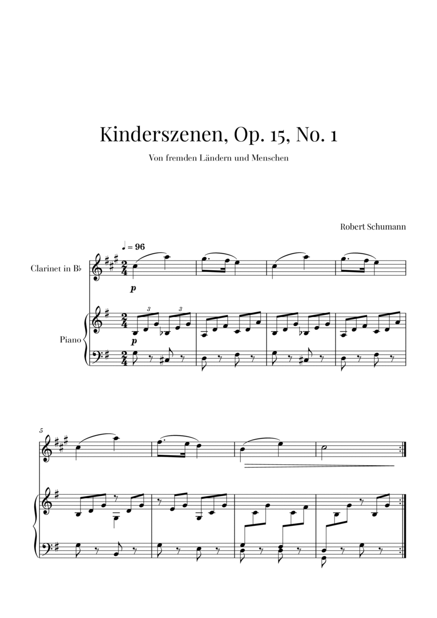 Kinderszenen Op 15 No. 1 for Clarinet and Piano by Robert
